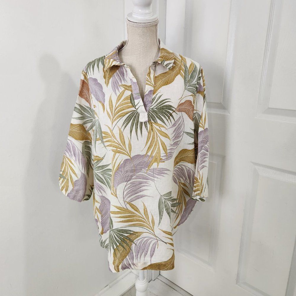 Tahari Linen Top Womens 1X Cream Floral Leaves Tropical Button Side Resort - Picture 16 of 16